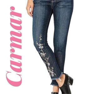 CARMAR Floral Embroidered Raw Hem Ankle High Rise Jeans, Size 26